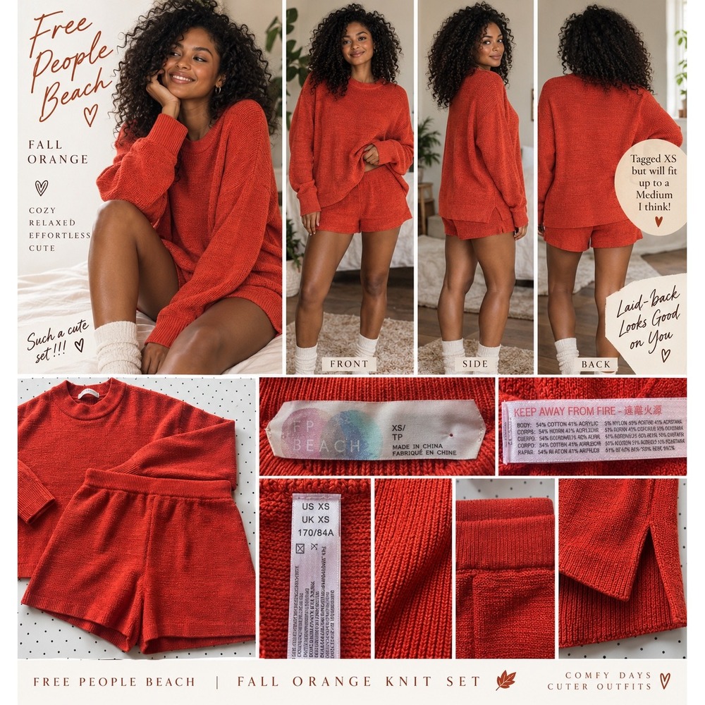 Free People Beach XS Orange Cotton Knit Sweater and Shorts 2 Piece Set Lounge